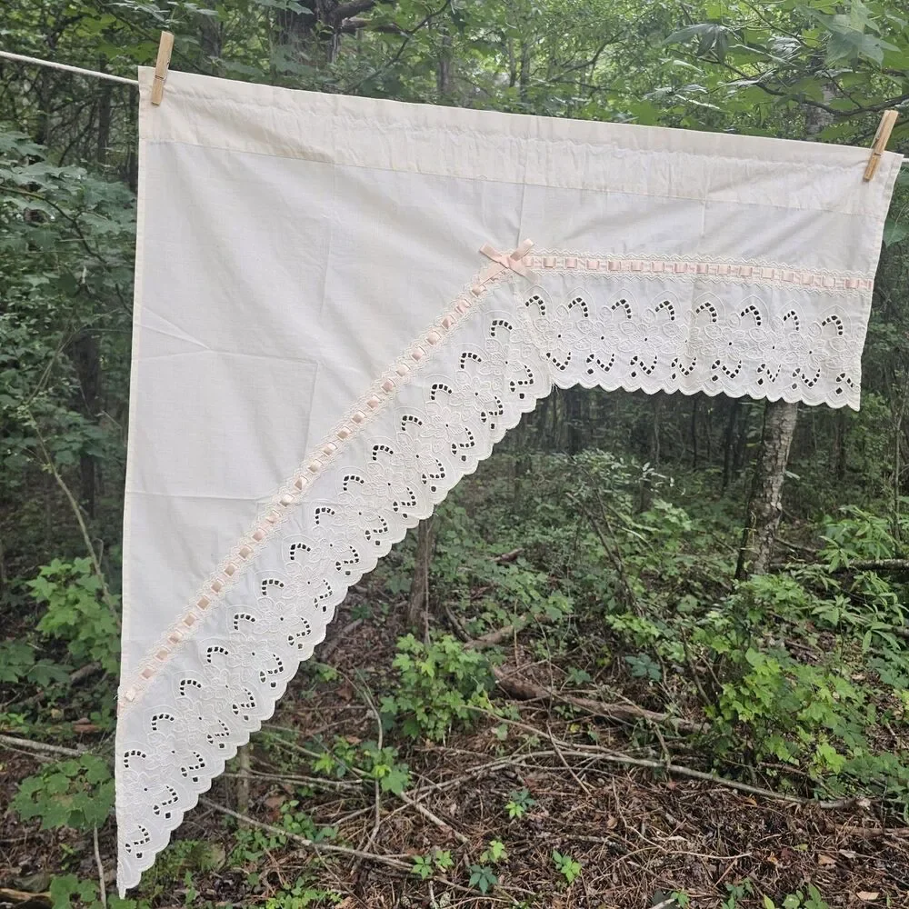 Set of 2 Vintage 1970s Swag Valances with Eyelet Lace & Pink Ribbon Trim